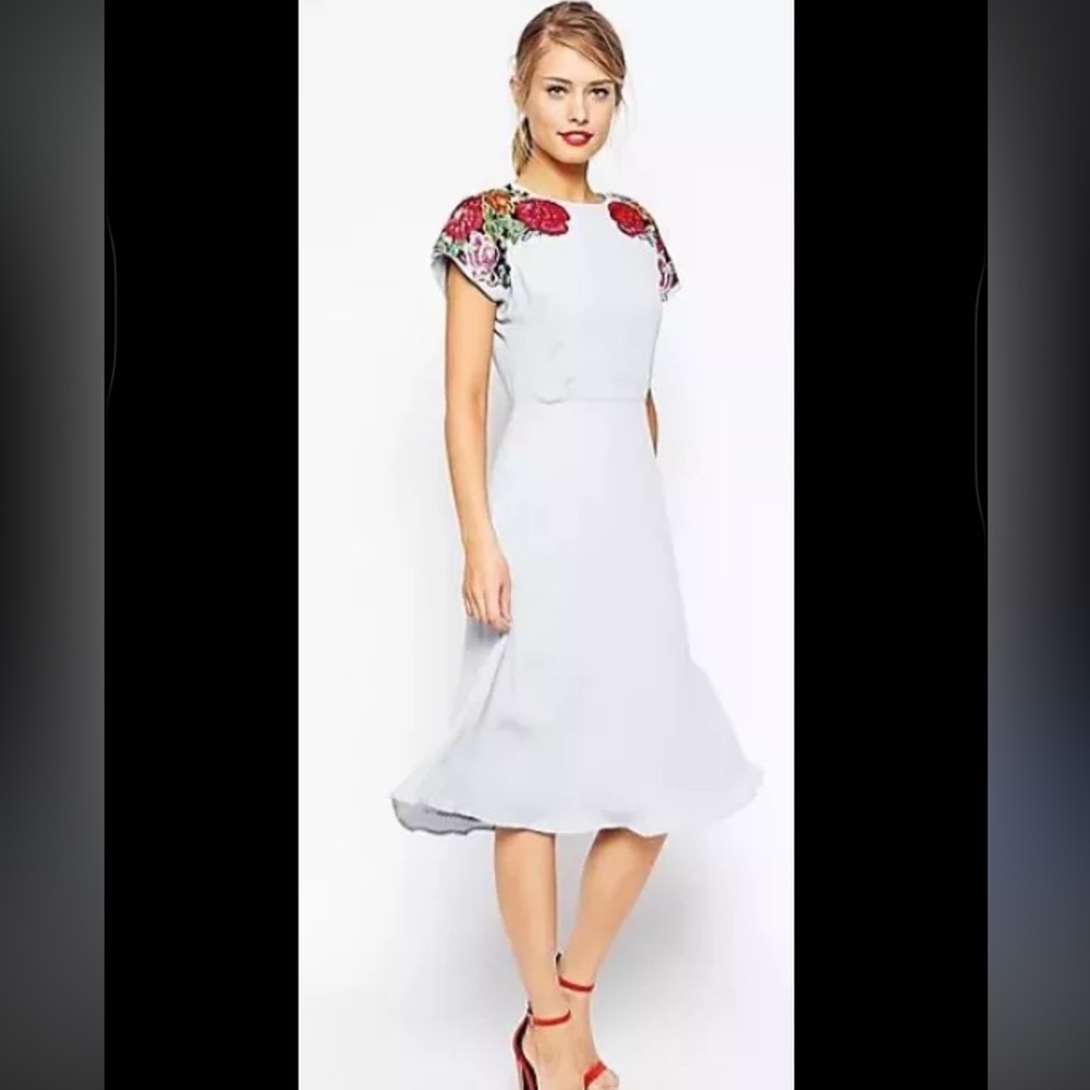 ASOS Blue Floral Embroidered Midi Skater Dress Size 6